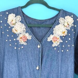 Spotlight Vintage Denim Midi Denim Dress Lace Ribbon Embroidery 90's Size L
